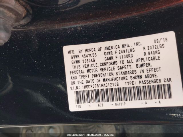 1HGCR3F91HA012109 Honda Accord Touring V6