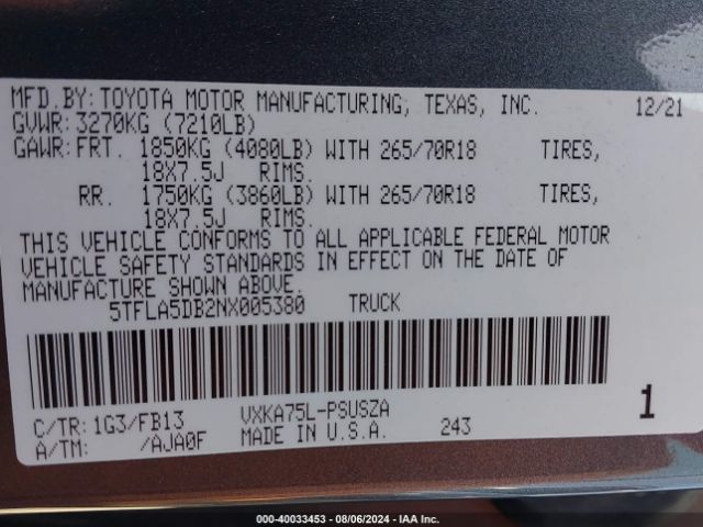 5TFLA5DB2NX005380 Toyota Tundra Sr5