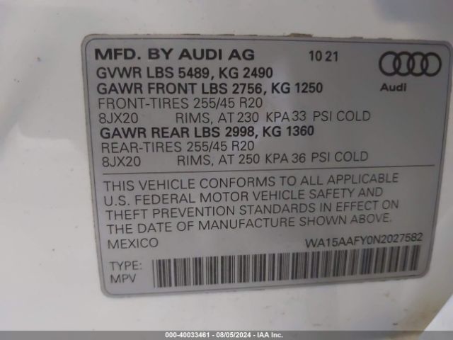 2022 AUDI Q5 SPORTBACK WA15AAFY0N2027582 Photo 8
