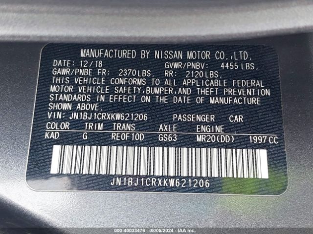 JN1BJ1CRXKW621206 Nissan Rogue Sport Sv