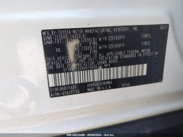 4T3RWRFV5NU074840 Toyota Rav4 Hybrid Xle