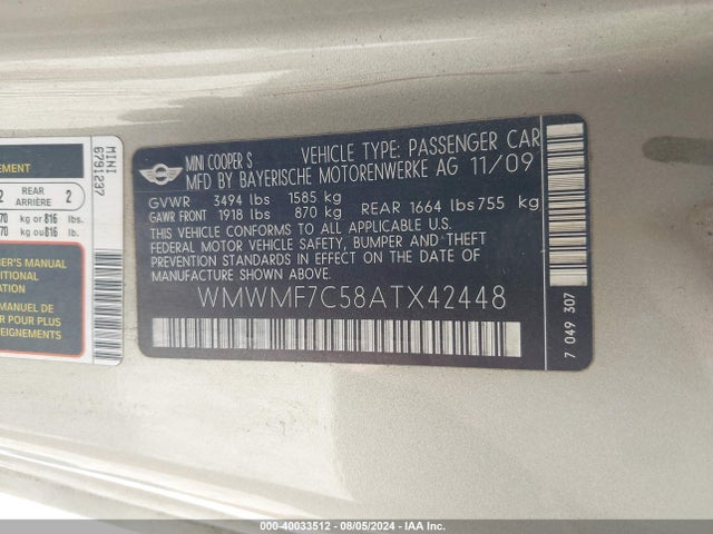 2010 MINI COOPER S WMWMF7C58ATX42448 Photo 8