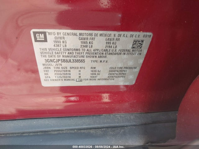 Chevrolet Trax Lt 2018 3GNCJPSB8JL338565 Image 9