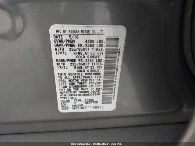 JN8AT2MT9GW006306 Nissan ROGUE S