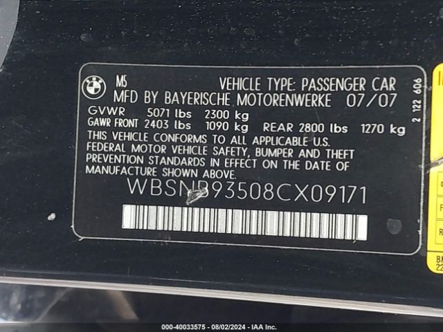 2008 BMW M5 WBSNB93508CX09171 Photo 8