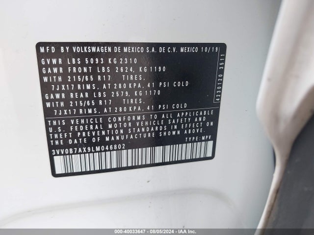 3VV0B7AX9LM046802 Volkswagen Tiguan 2.0t S