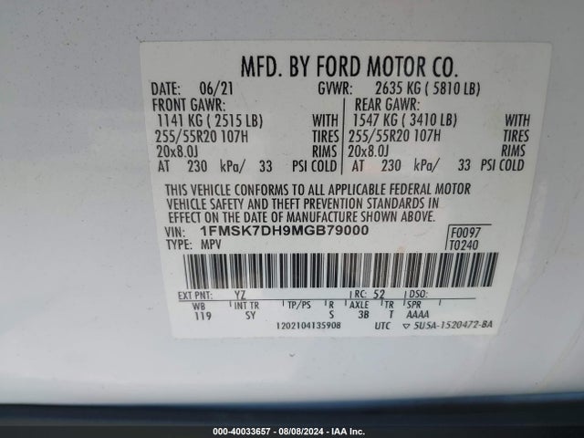 Ford EXPLORER XLT 2021 1FMSK7DH9MGB79000 Image 9