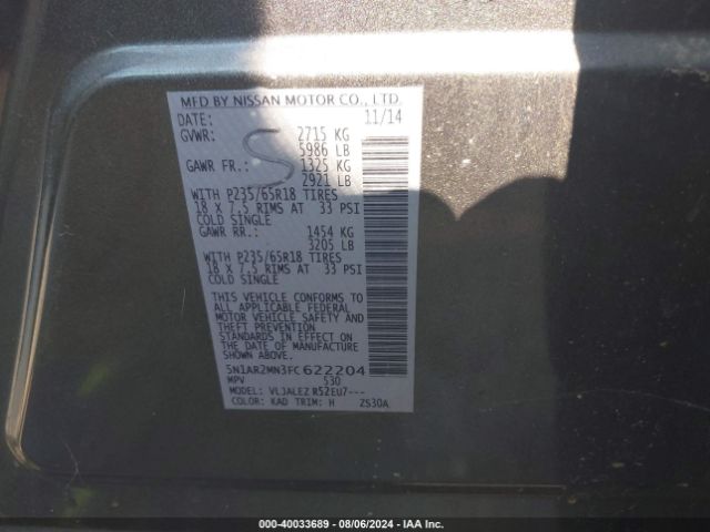 5N1AR2MN3FC622204 Nissan Pathfinder Sv