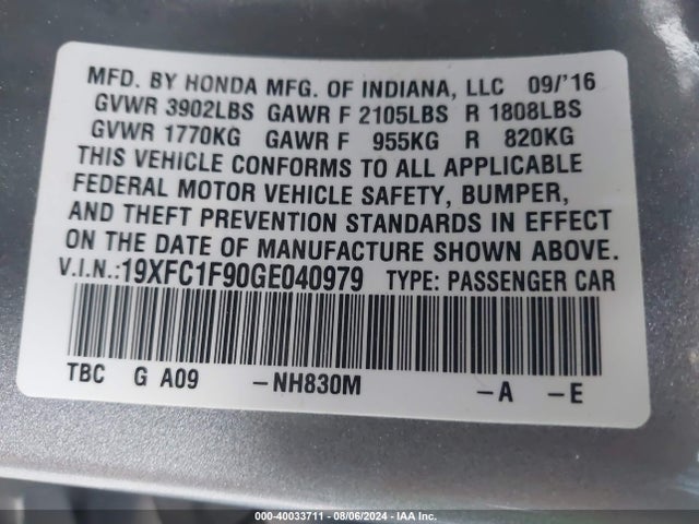 Honda Civic Touring 2016 19XFC1F90GE040979 Image 9