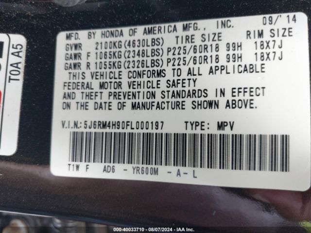 5J6RM4H90FL000197 Honda Cr-v Touring