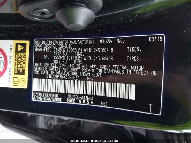 Toyota Highlander Le 2019 5TDZZRFH4KS323627 Image 9