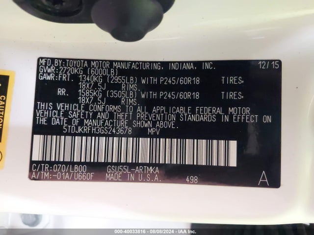 Toyota Highlander Xle V6 2016 5TDJKRFH3GS243678 Image 9