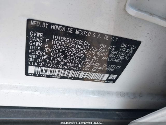 3CZRZ2H36RM706899 Honda Hr-v Awd Lx