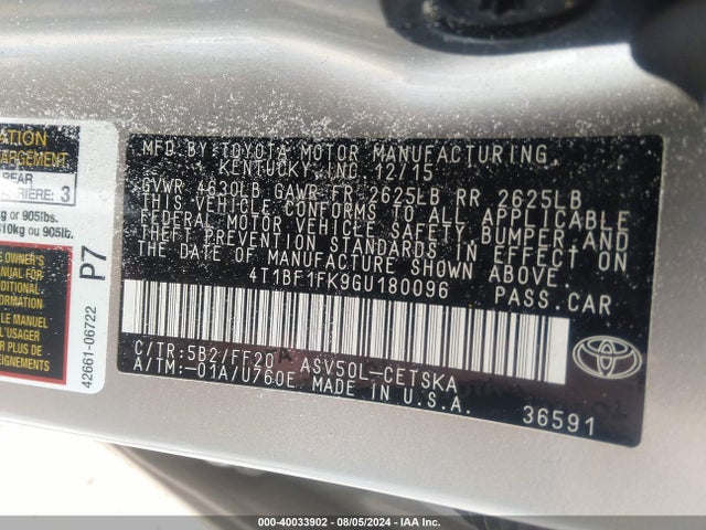 Toyota CAMRY SE 2016 4T1BF1FK9GU180096 Image 9
