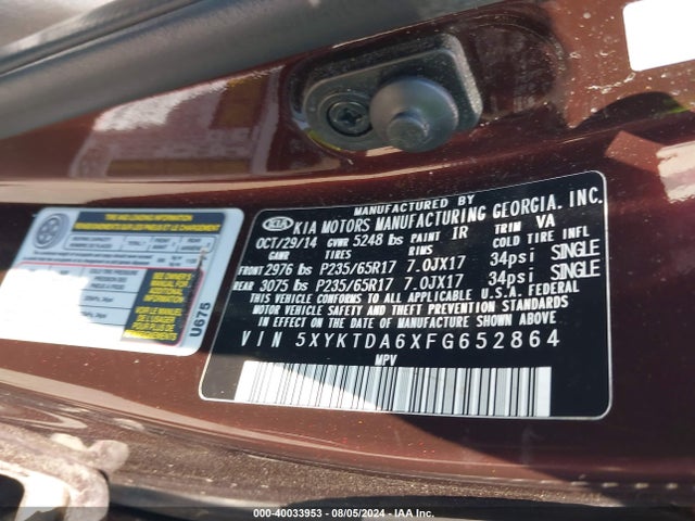 KIA SORENTO LX 2015 5XYKTDA6XFG652864 Image 9