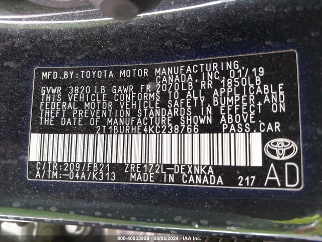 Toyota COROLLA LE 2019 2T1BURHE4KC238766 Image 9