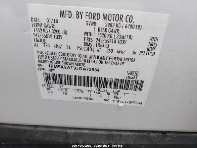 1FM5K8AT9JGA72634 Ford Police Interceptor Utility