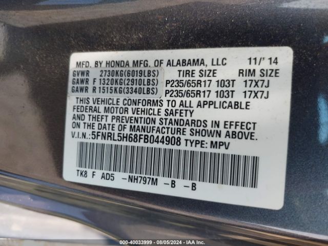 5FNRL5H68FB044908 Honda Odyssey Ex-l