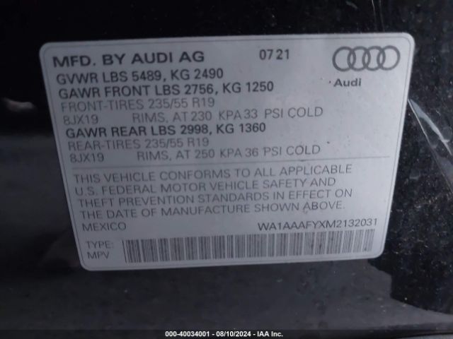 WA1AAAFYXM2132031 Audi Q5 Premium 45 Tfsi Quattro S Tronic