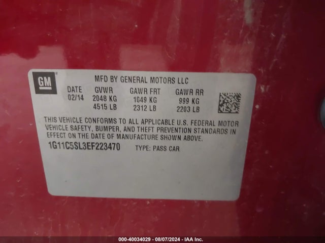 Chevrolet MALIBU 1LT 2014 1G11C5SL3EF223470 Image 9