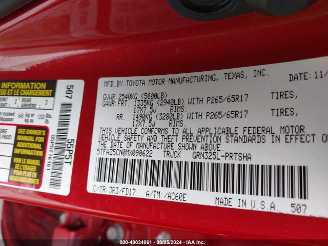 5TFAZ5CN0MX098622 Toyota Tacoma