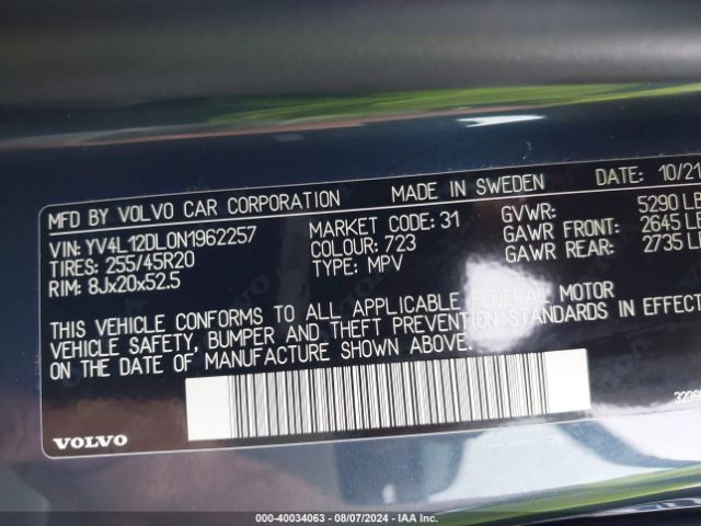 YV4L12DL0N1962257 Volvo Xc60 B5 Inscription