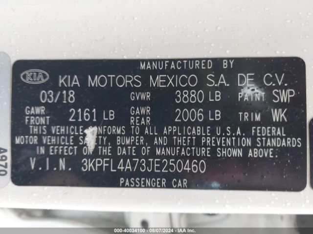 3KPFL4A73JE250460 KIA FORTE LX