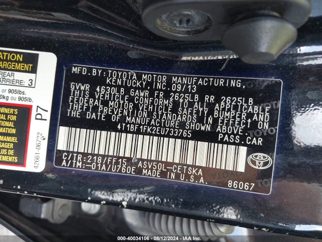 Toyota CAMRY SE 2014 4T1BF1FK2EU733765 Image 9