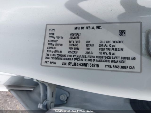 5YJ3E1EC5NF154915 Tesla Model 3 Performance Dual Motor All-wheel Drive