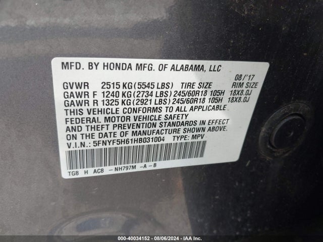 Honda Pilot Ex-l 2017 5FNYF5H61HB031004 Image 9