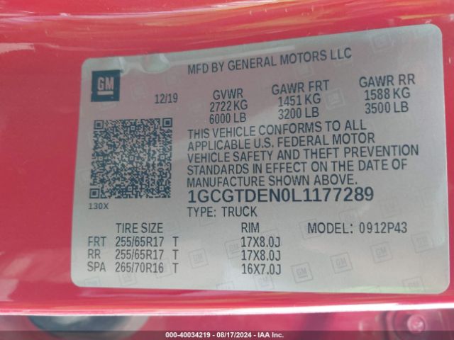 1GCGTDEN0L1177289 Chevrolet Colorado 4wd  Short Box Z71
