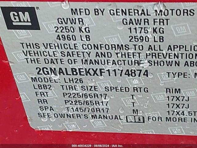 Chevrolet EQUINOX 1LT 2015 2GNALBEKXF1174874 Image 9