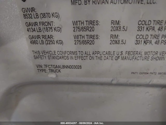 Rivian R1t Launch Edition 2022 7FCTGAAL8NN003028 Image 8