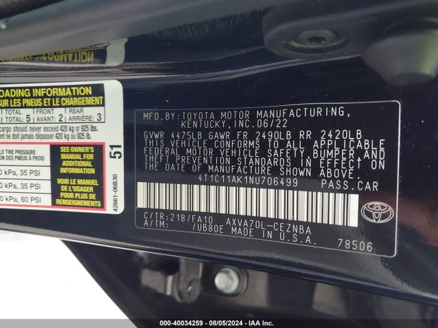 Toyota CAMRY LE 2022 4T1C11AK1NU706499 Image 9