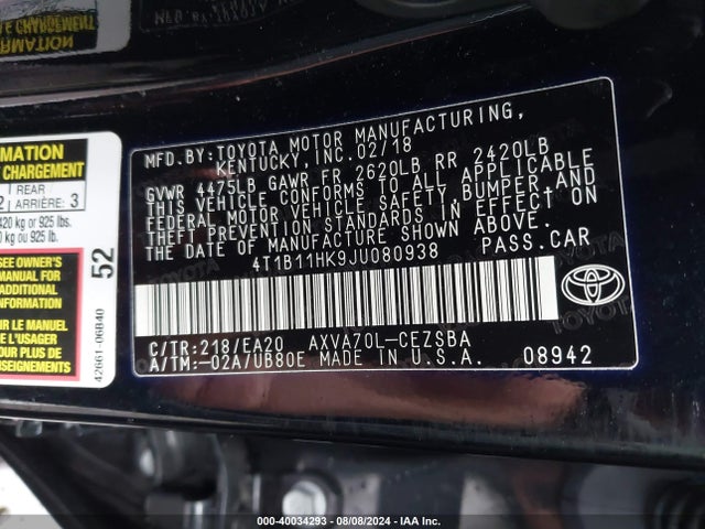 Toyota CAMRY SE 2018 4T1B11HK9JU080938 Image 9
