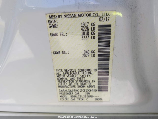 Nissan Altima 2.5 Sv 2017 1N4AL3AP7HC202049 Image 9