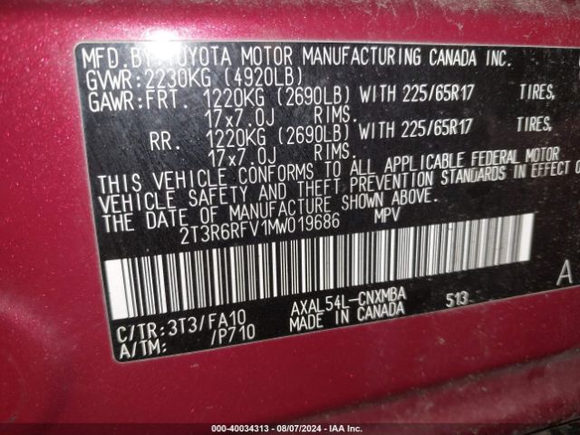 2T3R6RFV1MW019686 Toyota Rav4 Hybrid Xle