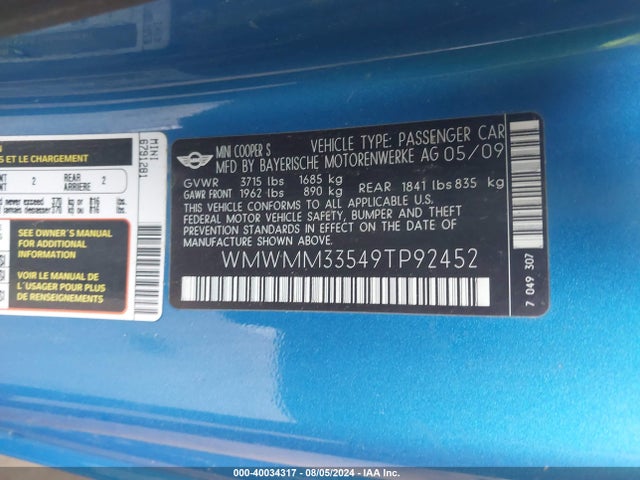 2009 MINI COOPER S CLUBMAN WMWMM33549TP92452 Photo 8