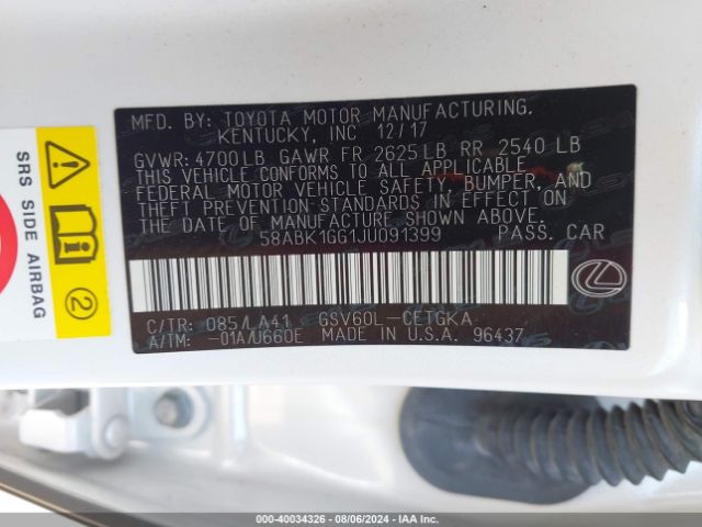 58ABK1GG1JU091399 Lexus ES 350