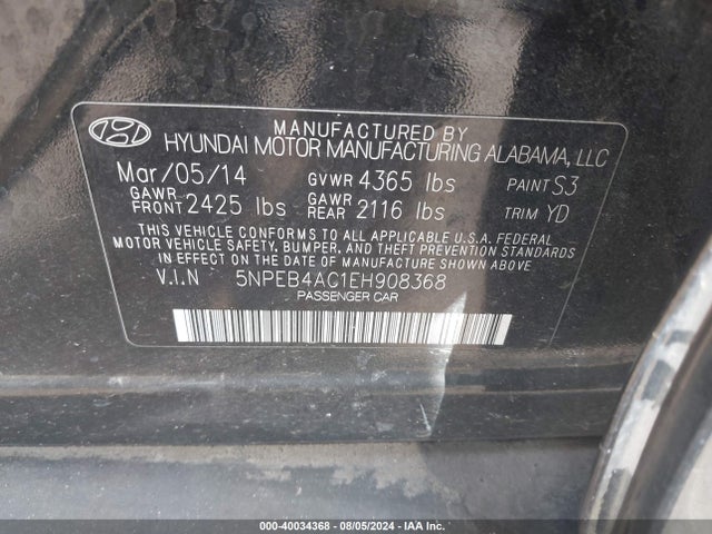 5NPEB4AC1EH908368 Hyundai SONATA GLS