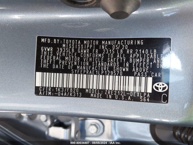 Toyota COROLLA LE 2020 5YFEPRAE1LP129570 Image 9