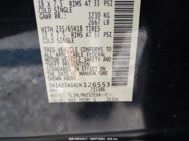 5N1AZ2ASXLN126553 Nissan Murano S Intelligent Awd