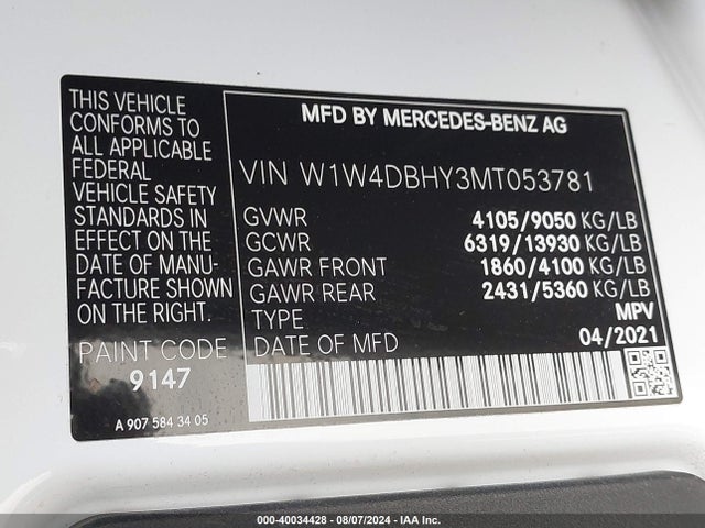 W1W4DBHY3MT053781 Mercedes-Benz Sprinter 2500 Standard Roof I4 Diesel