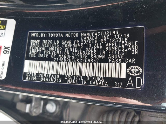 Toyota COROLLA L 2019 2T1BURHE6KC209852 Image 9