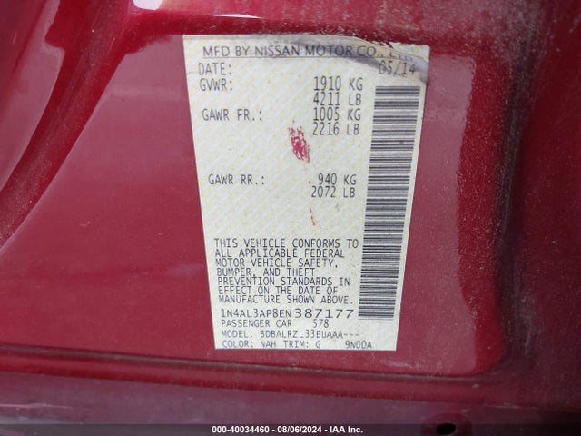 Nissan Altima 2.5 S 2014 1N4AL3AP8EN387177 Image 9