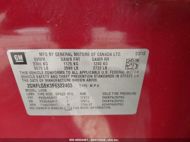 Chevrolet Equinox 2lt 2015 2GNFLGEK3F6322403 Image 9