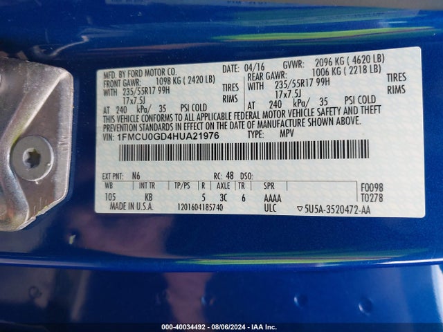 Ford ESCAPE SE 2017 1FMCU0GD4HUA21976 Image 9