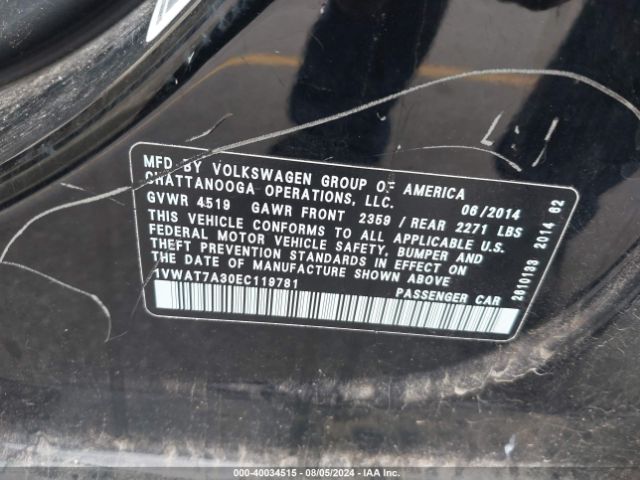 1VWAT7A30EC119781 Volkswagen Passat 1.8t Wolfsburg Edition
