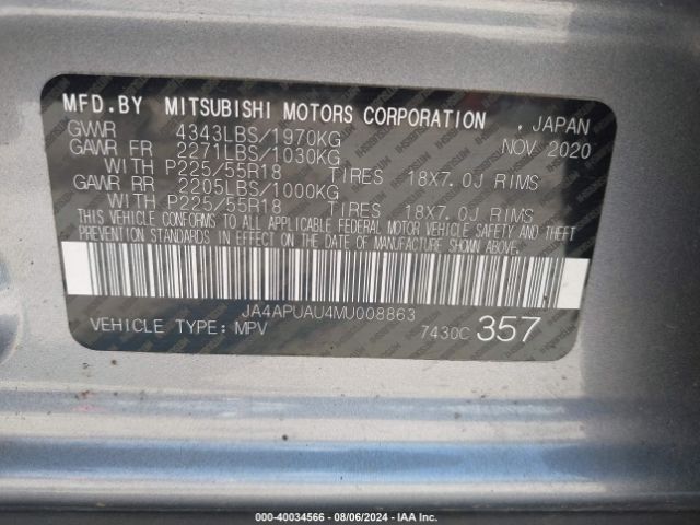 JA4APUAU4MU008863 Mitsubishi Outlander Sport 2.0 Be 2wd/2.0 Es 2wd/2.0 Le 2wd/2.0 S 2wd