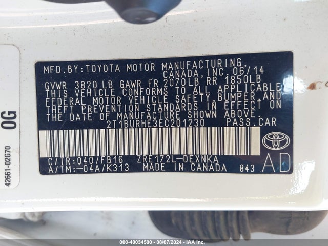 Toyota COROLLA LE 2014 2T1BURHE3EC201230 Image 9